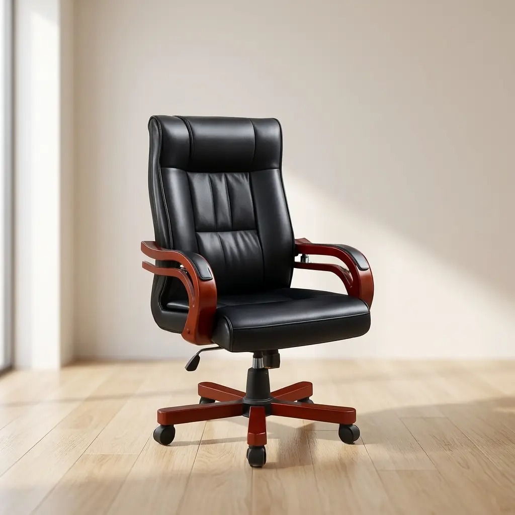 Luxurious high-back executive chair in premium black leather with elegant mahogany-finish wood accents and a matching five-star swivel base, set in a modern sunlit office.