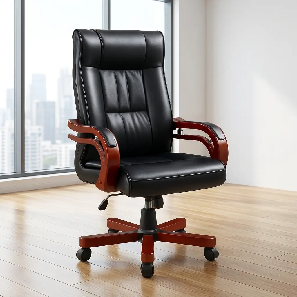 Luxurious high-back executive chair in premium black leather with elegant mahogany-finish wood accents and a matching five-star swivel base, set in a modern sunlit office.