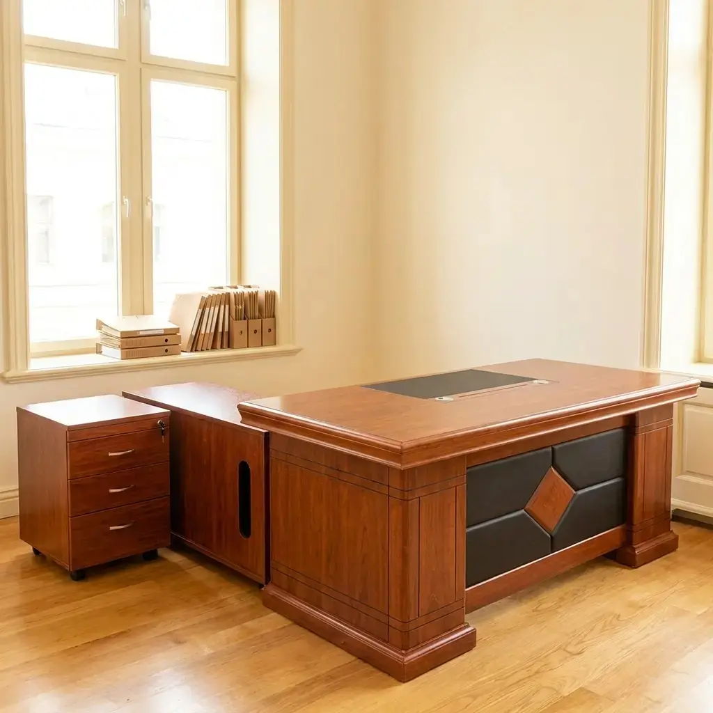 Classic 1.4m L-shaped executive office desk in a rich cherry wood finish, featuring a built-in black leather writing pad, decorative diamond-patterned front panel, and matching 3-drawer mobile pedestal.
