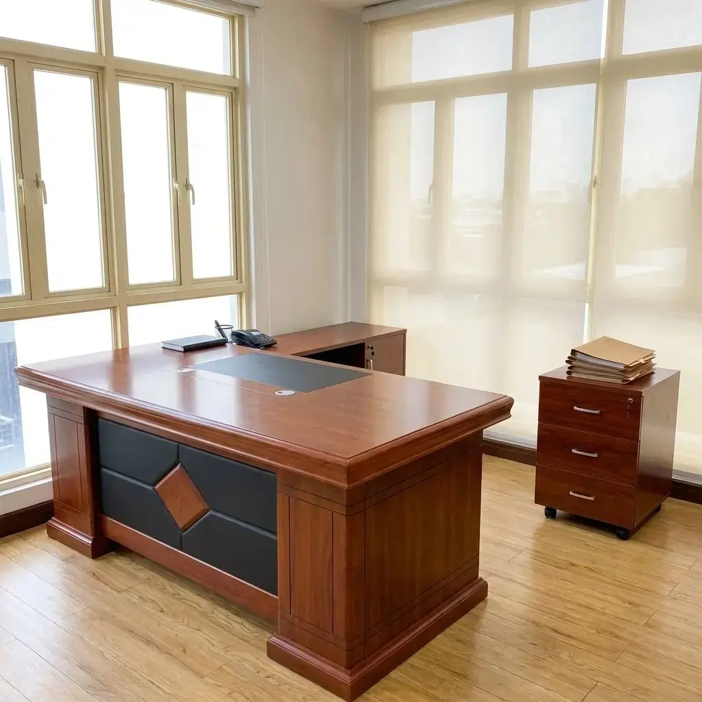 Classic 1.4m L-shaped executive office desk in a rich cherry wood finish, featuring a built-in black leather writing pad, decorative diamond-patterned front panel, and matching 3-drawer mobile pedestal.