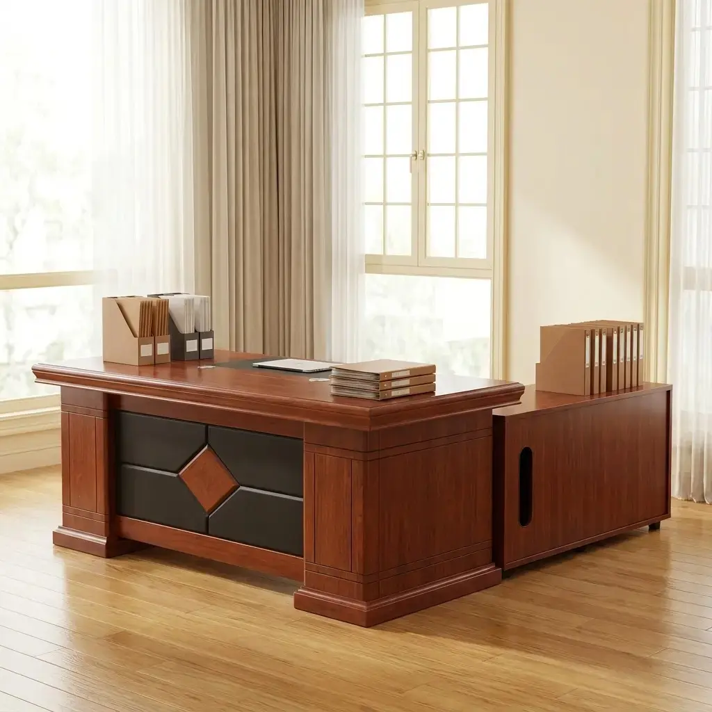 Classic 1.4m L-shaped executive office desk in a rich cherry wood finish, featuring a built-in black leather writing pad, decorative diamond-patterned front panel, and matching 3-drawer mobile pedestal.