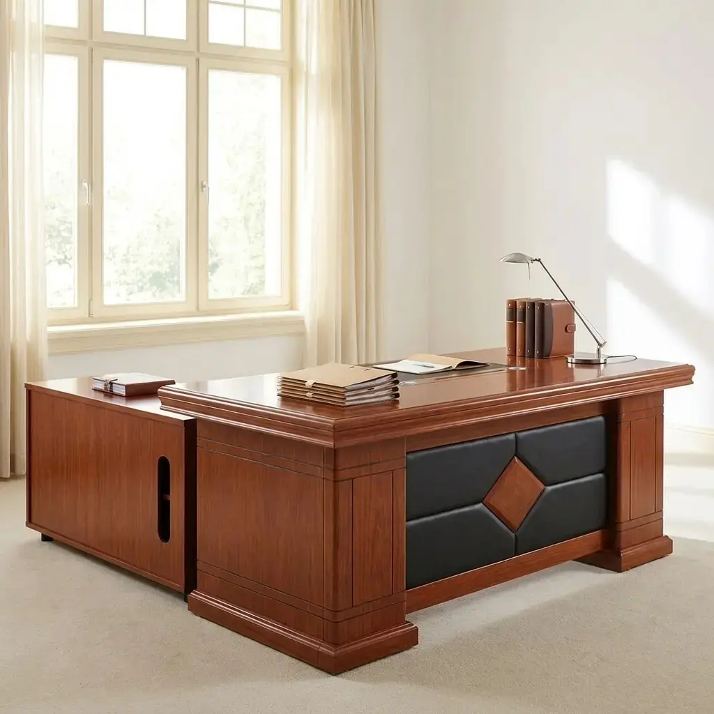 Classic 1.4m L-shaped executive office desk in a rich cherry wood finish, featuring a built-in black leather writing pad, decorative diamond-patterned front panel, and matching 3-drawer mobile pedestal.