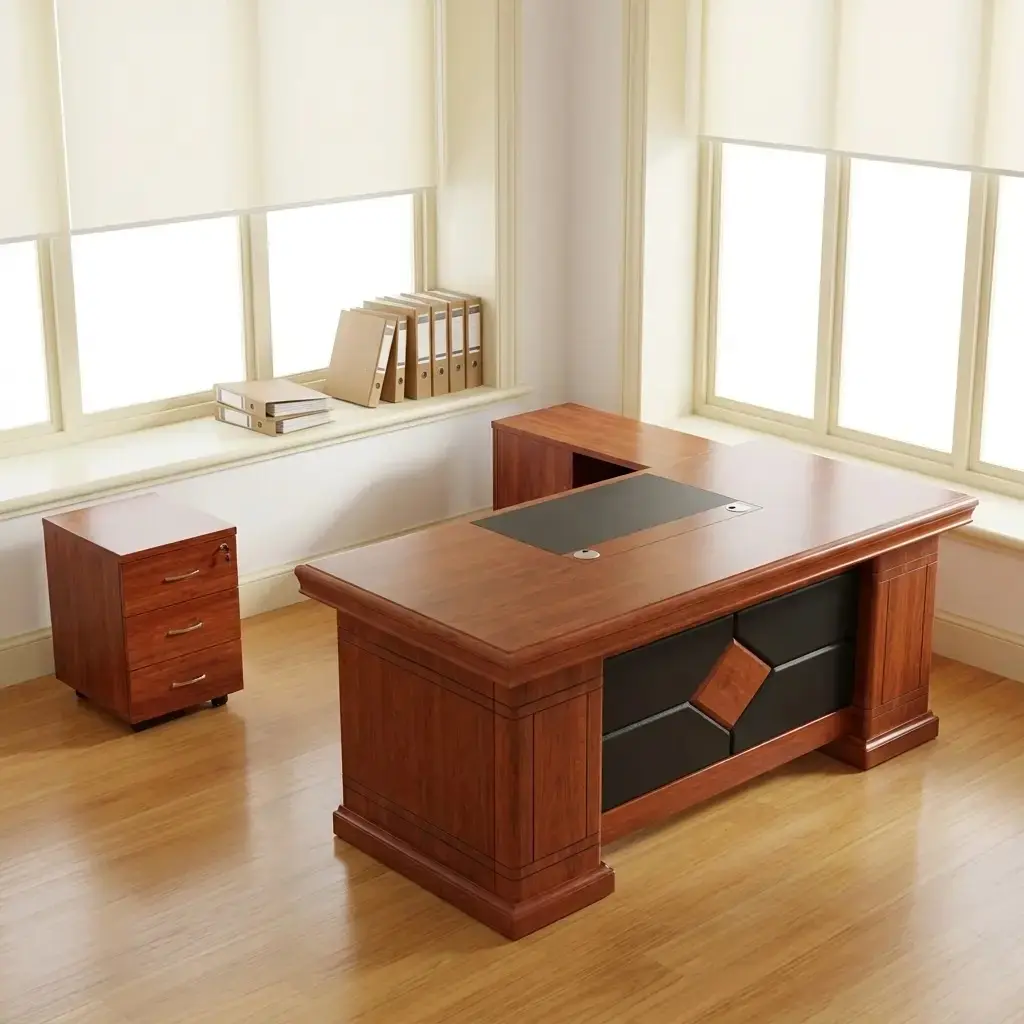 Classic 1.4m L-shaped executive office desk in a rich cherry wood finish, featuring a built-in black leather writing pad, decorative diamond-patterned front panel, and matching 3-drawer mobile pedestal.