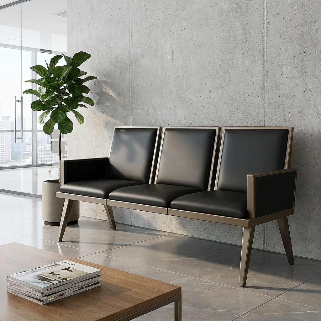Modern 3-seater reception bench with black leather padded seats and a sturdy silver metal frame, designed for professional waiting rooms and office lobbies.