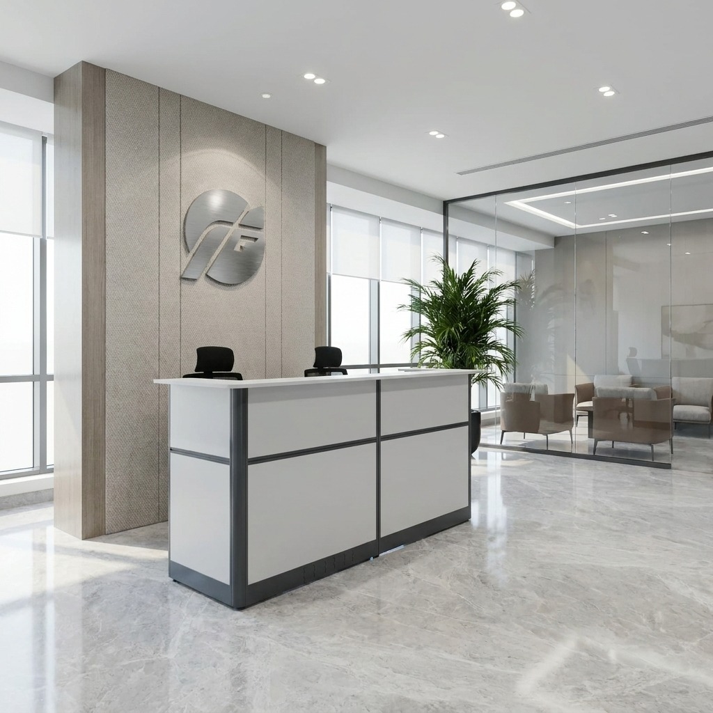 Modern white and grey modular reception desk with a raised transaction counter and charcoal grey trim, designed for professional corporate lobbies.