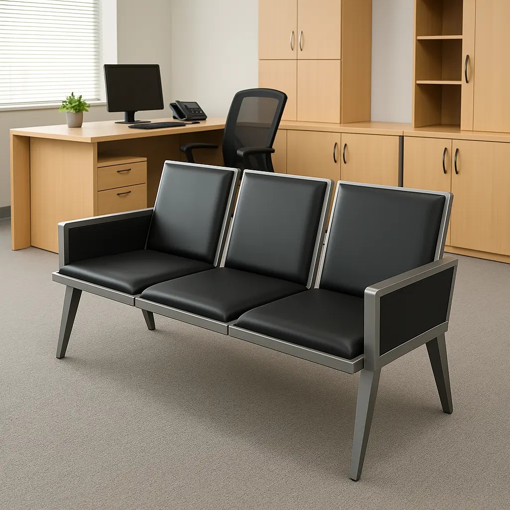 Modern 3-seater reception bench with black leather padded seats and a sturdy silver metal frame, designed for professional waiting rooms and office lobbies.