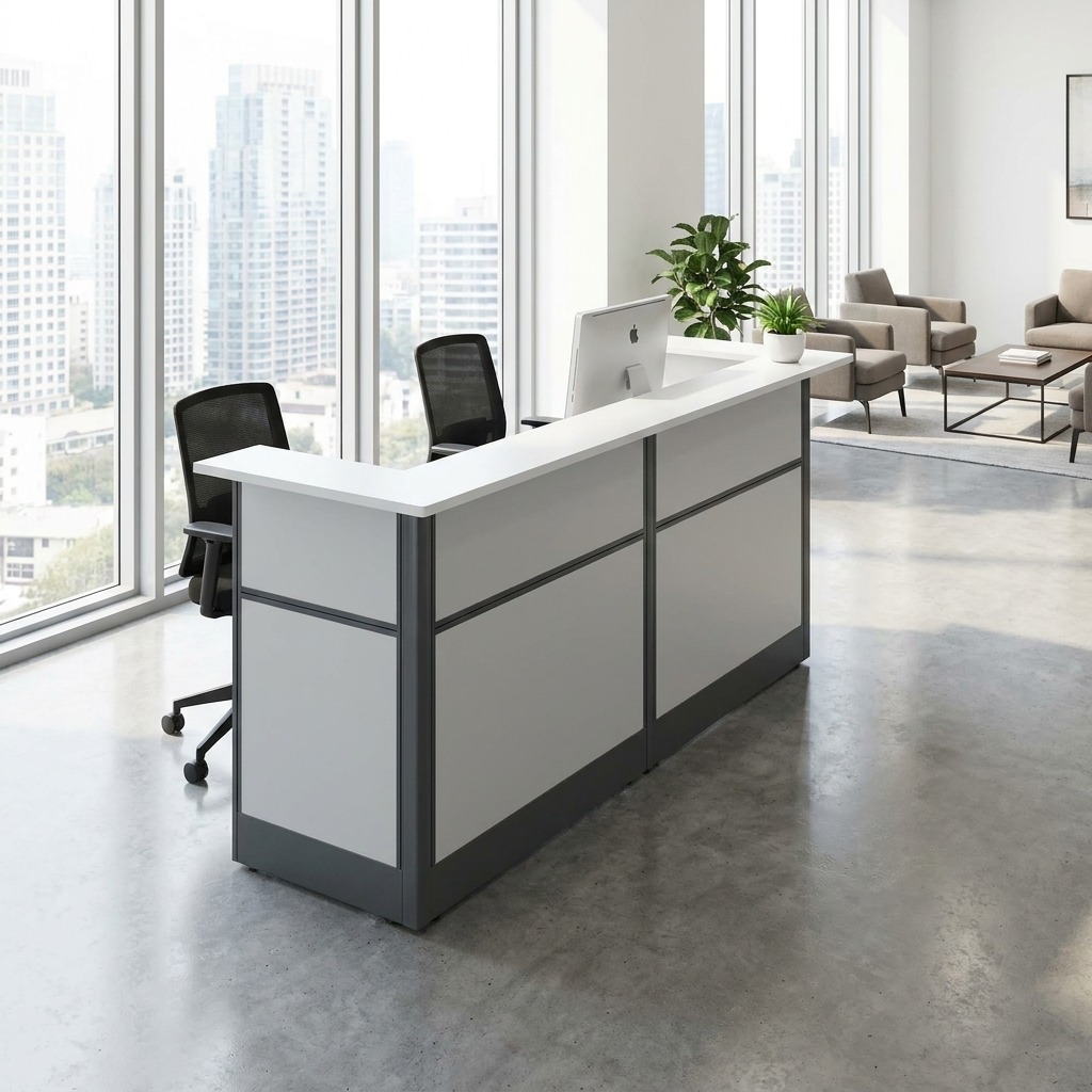 Modern white and grey modular reception desk with a raised transaction counter and charcoal grey trim, designed for professional corporate lobbies.