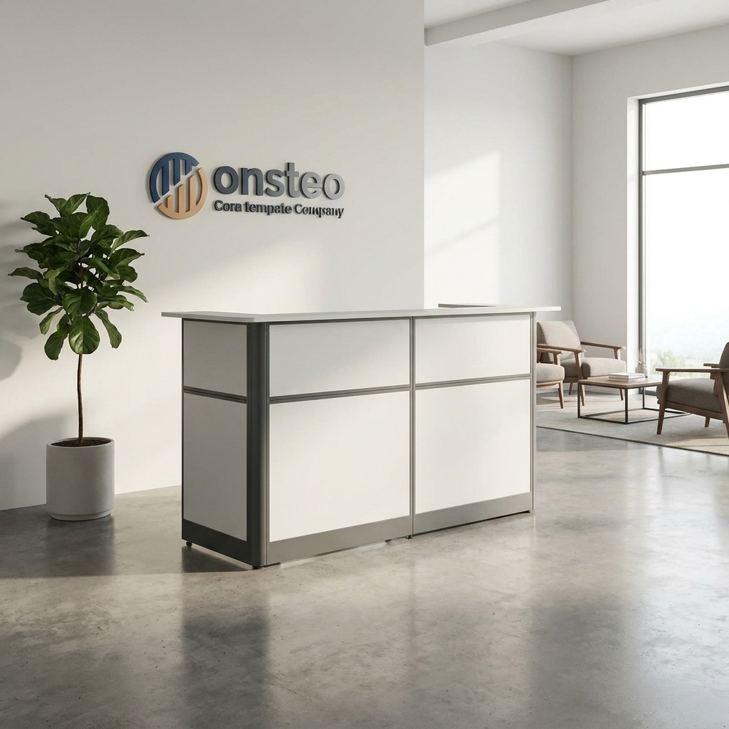 Modern white and grey modular reception desk with a raised transaction counter and charcoal grey trim, designed for professional corporate lobbies.
