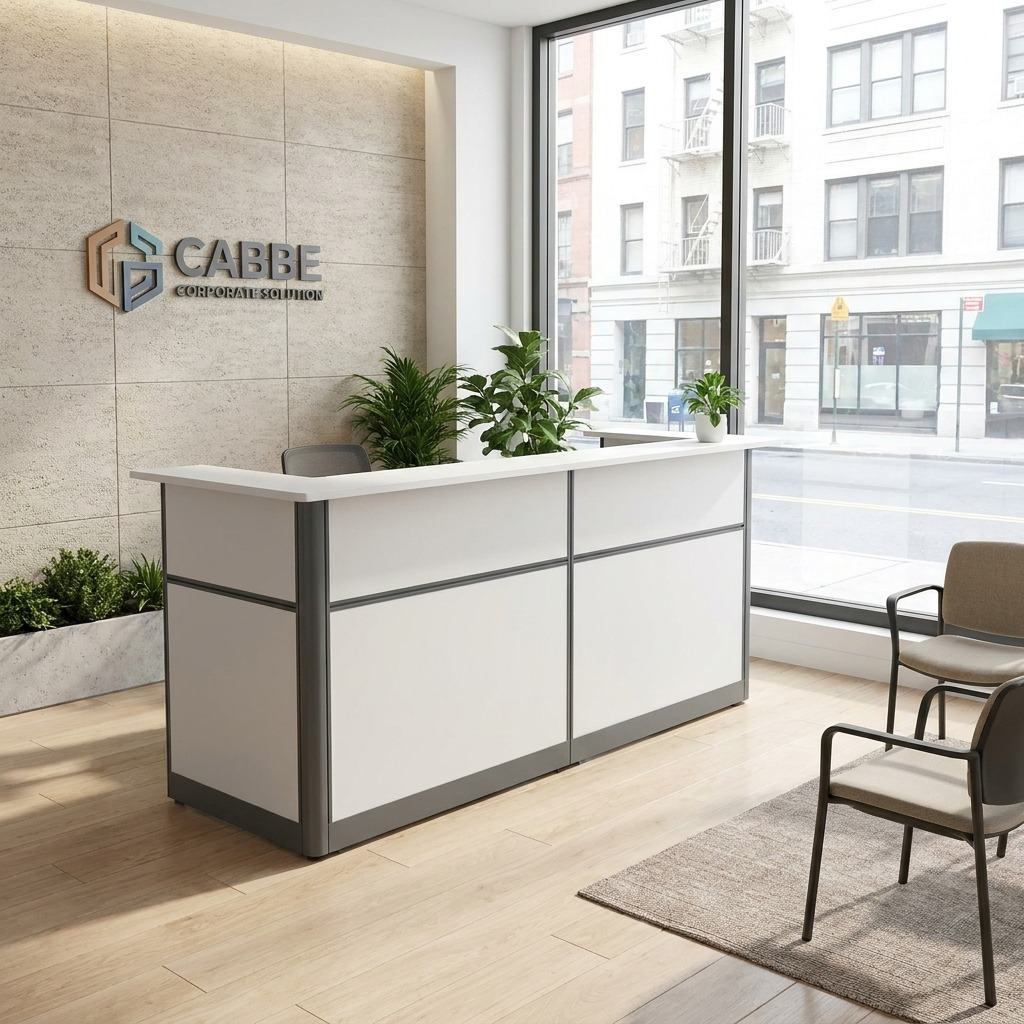 Modern white and grey modular reception desk with a raised transaction counter and charcoal grey trim, designed for professional corporate lobbies.