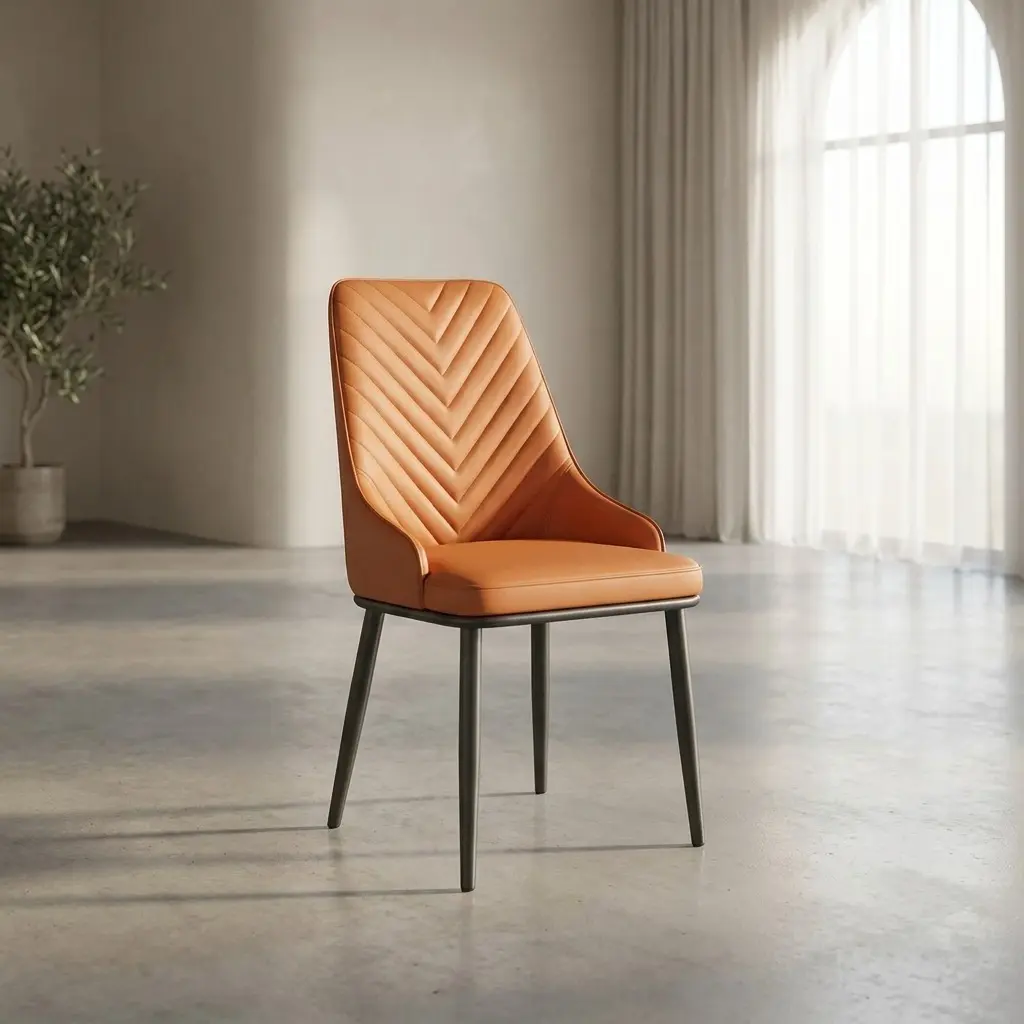 Elegant tan leather dining area chair with a chevron-quilted high back and matte black legs, styled in a minimalist, sun-drenched dining space for a high-end interior look.