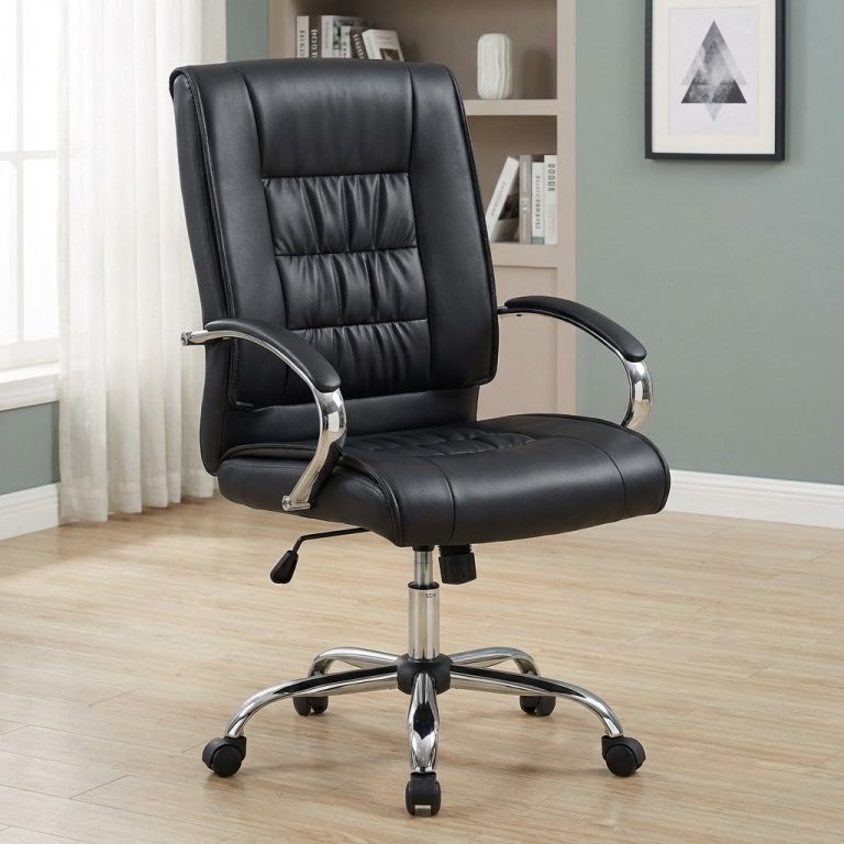 Professional mid-back leather office chair in black with tufted backrest padding, curved chrome armrests, and an ergonomic swivel chrome base on a light wood floor.