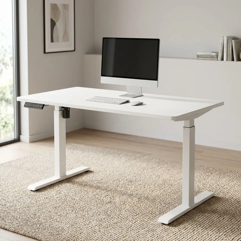 White electric standing desk with height adjustable T-leg frame and integrated digital control panel.