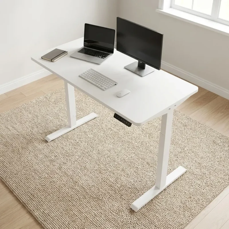 White electric standing desk with height adjustable T-leg frame and integrated digital control panel.