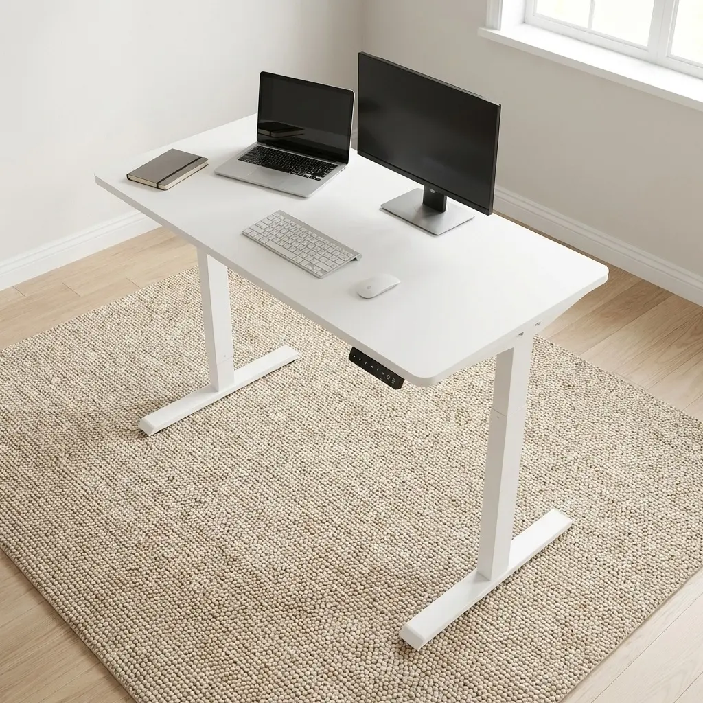 White electric standing desk with height adjustable T-leg frame and integrated digital control panel.