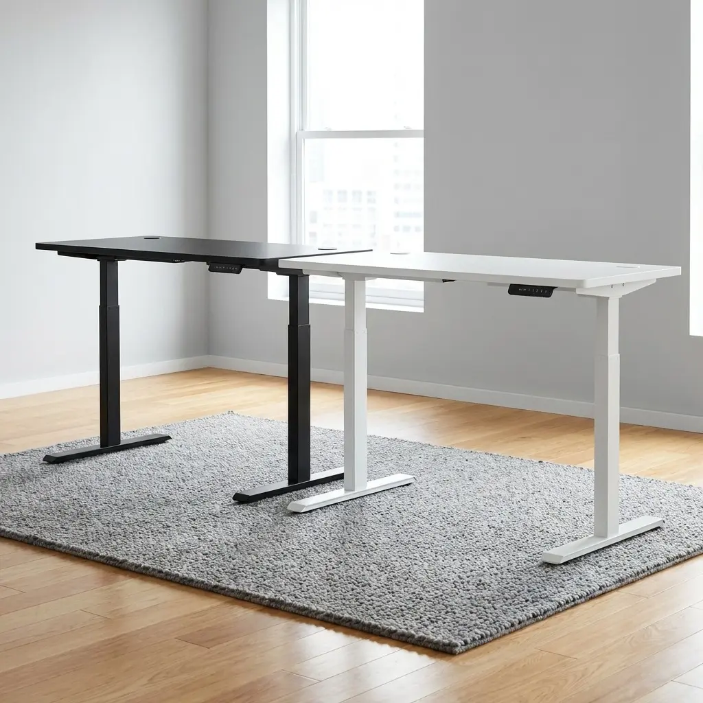 White electric standing desk with height adjustable T-leg frame and integrated digital control panel.