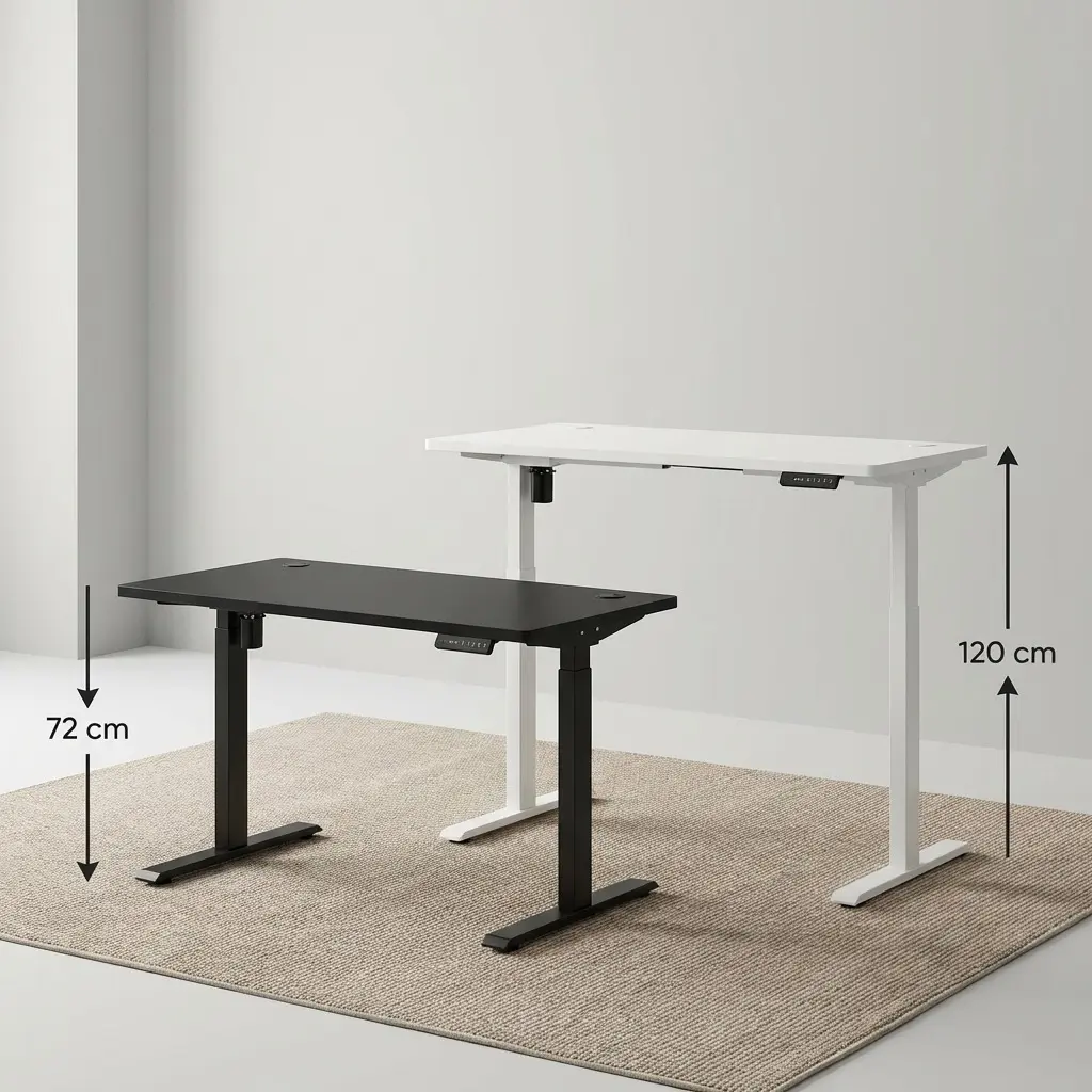 White electric standing desk with height adjustable T-leg frame and integrated digital control panel.