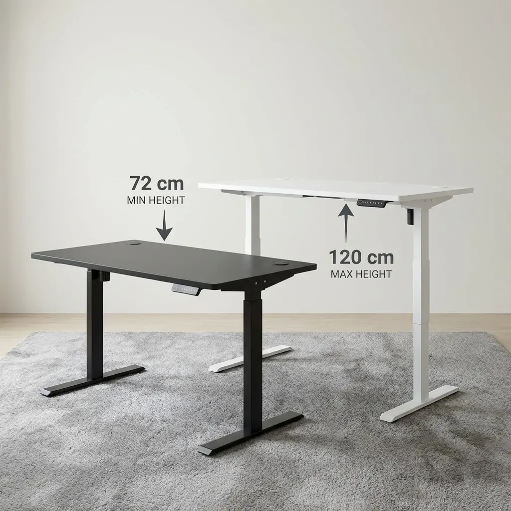 White electric standing desk with height adjustable T-leg frame and integrated digital control panel.
