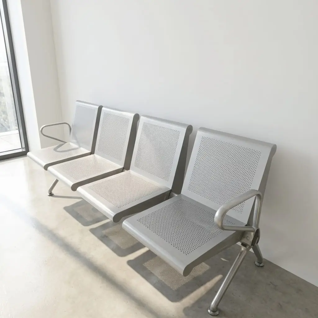Heavy-duty 4-seater silver steel waiting room bench with perforated metal backrests, integrated armrests, and chrome legs on a textured rug in a public reception area.