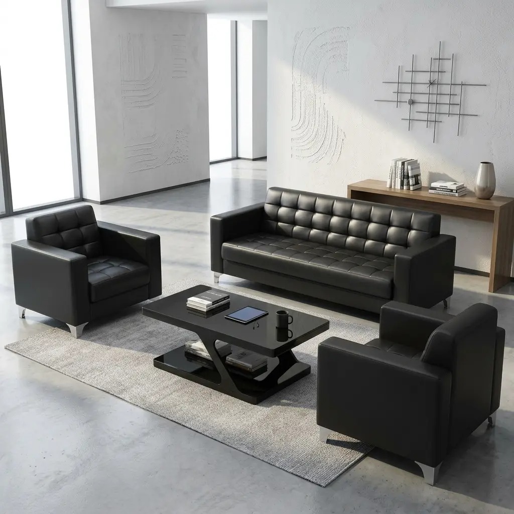 Premium 5-seater office sofa set in black leather featuring a 3-seater couch and two matching single-armchair seats with checkered tufted upholstery, paired with a modern black high-gloss coffee table on chrome legs.