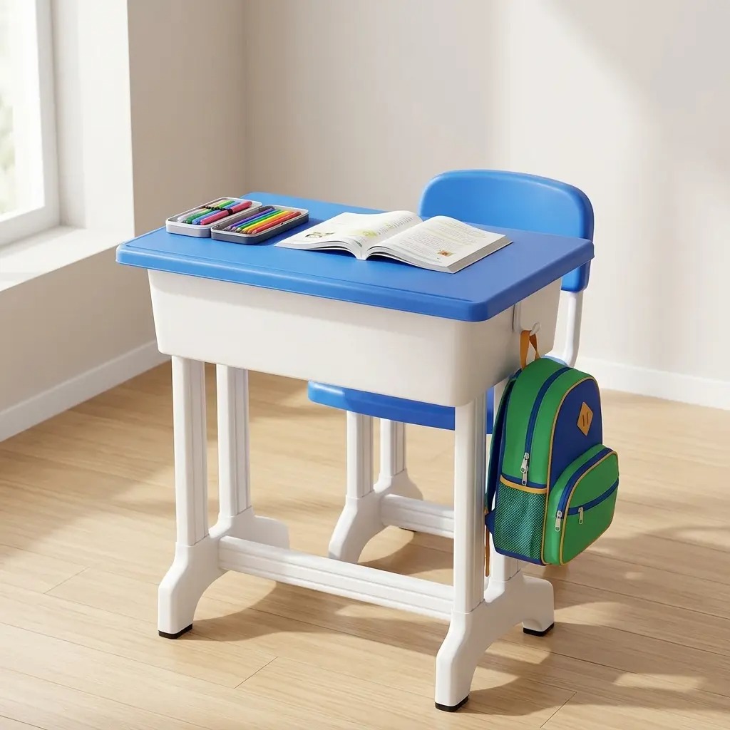 Blue kids study desk and chair set featuring an ergonomic blue plastic chair, a vibrant blue tabletop with a white storage book box underneath, and durable white molded legs.