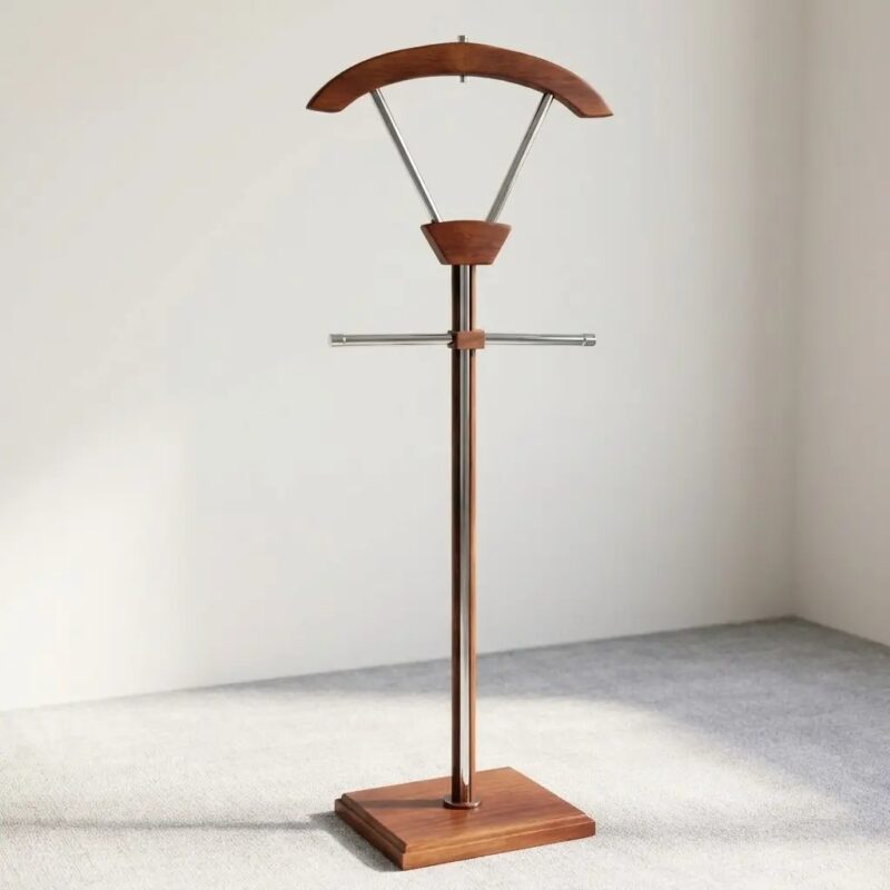 Free-standing wooden office coat hanger and valet stand featuring a polished mahogany wood contoured jacket hanger, chrome tie bar accents, a central chrome support pillar, and a heavy stable square wooden base.