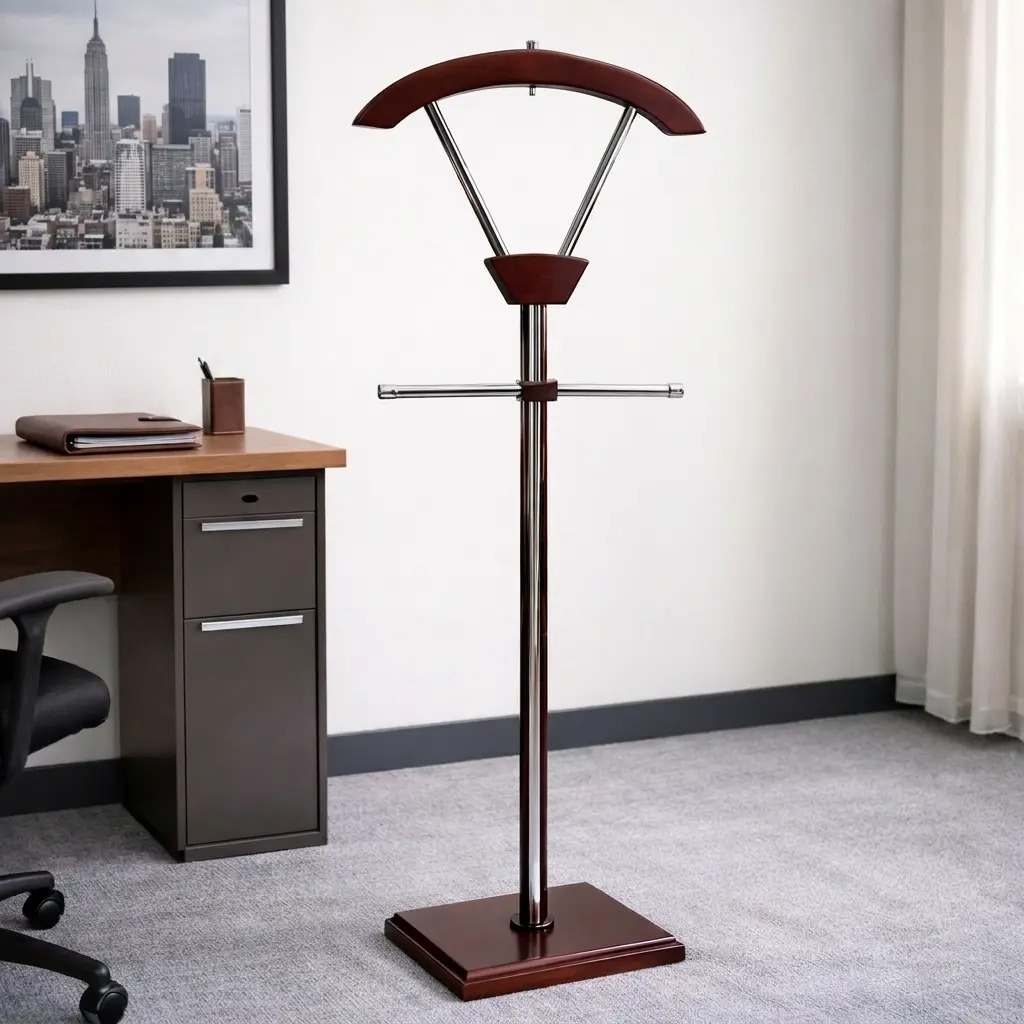 Free-standing wooden office coat hanger and valet stand featuring a polished mahogany wood contoured jacket hanger, chrome tie bar accents, a central chrome support pillar, and a heavy stable square wooden base.