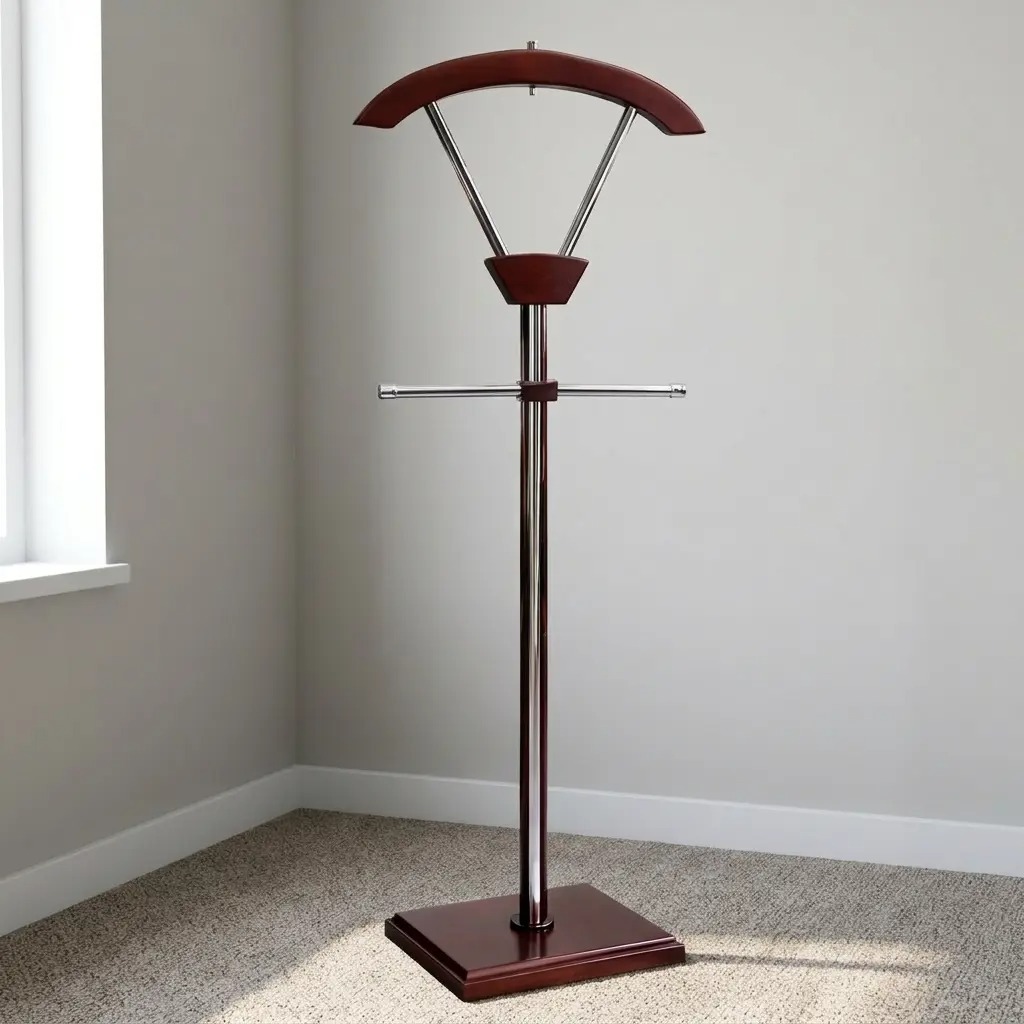 Free-standing wooden office coat hanger and valet stand featuring a polished mahogany wood contoured jacket hanger, chrome tie bar accents, a central chrome support pillar, and a heavy stable square wooden base.