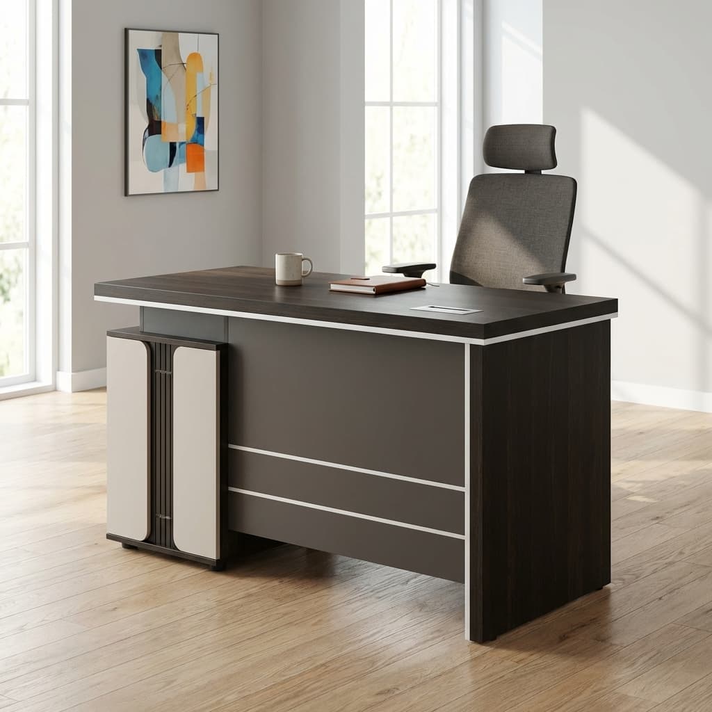 A compact wooden executive desk in a reddish-brown finish with carved front panels.