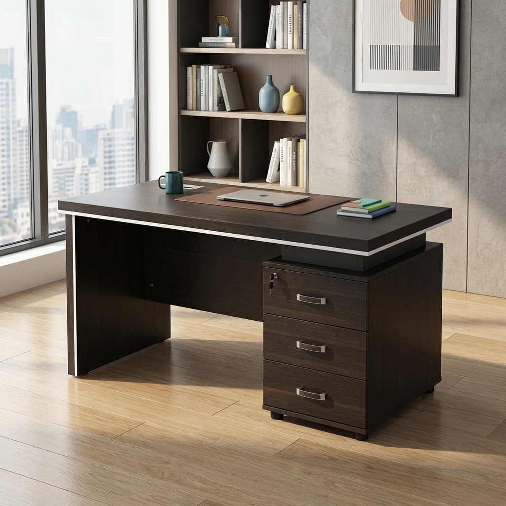 A compact wooden executive desk in a reddish-brown finish with carved front panels.