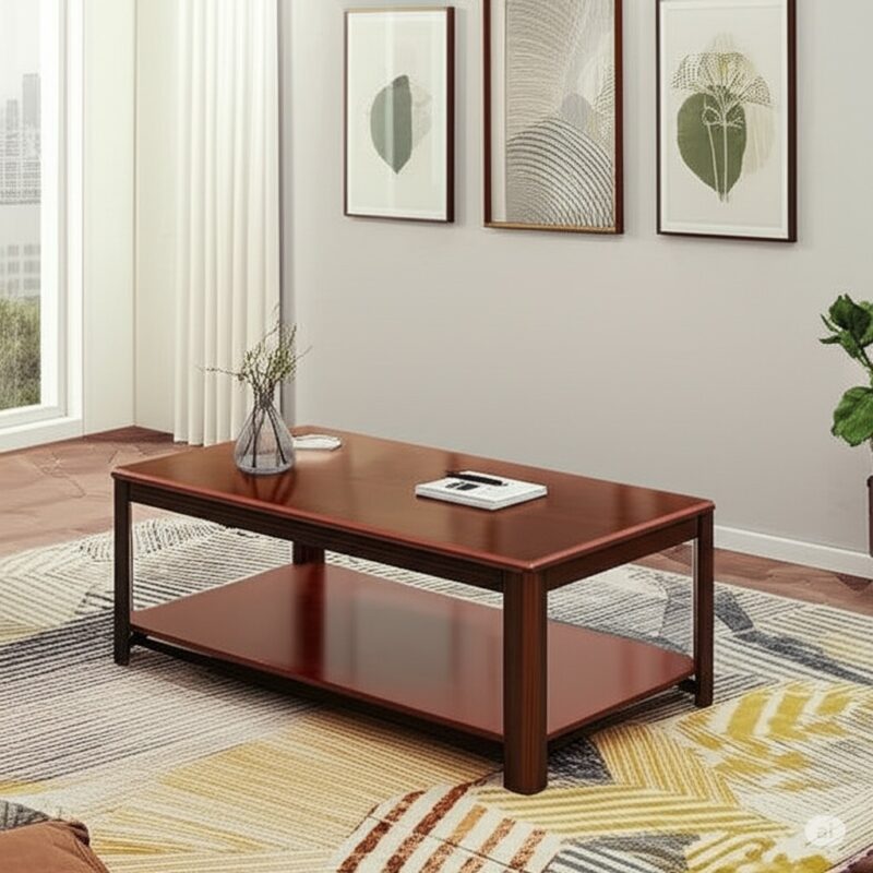 Mahogany office coffee table featuring a rectangular wooden tabletop with bevelled edges, a matching rich reddish-brown wood grain finish, sturdy square corner legs, and an open lower storage shelf.