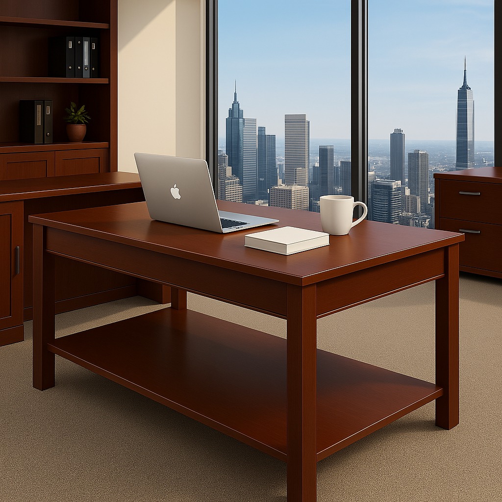 Mahogany office coffee table featuring a rectangular wooden tabletop with bevelled edges, a matching rich reddish-brown wood grain finish, sturdy square corner legs, and an open lower storage shelf.