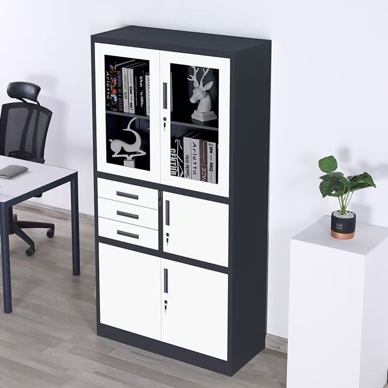 Steel file cabinet with an integrated digital safe, featuring a grey frame with white doors, dual upper glass-front doors revealing blue lever-arch binders, three middle utility drawers adjacent to a locking locker compartment, and a large double-door bottom cupboard.