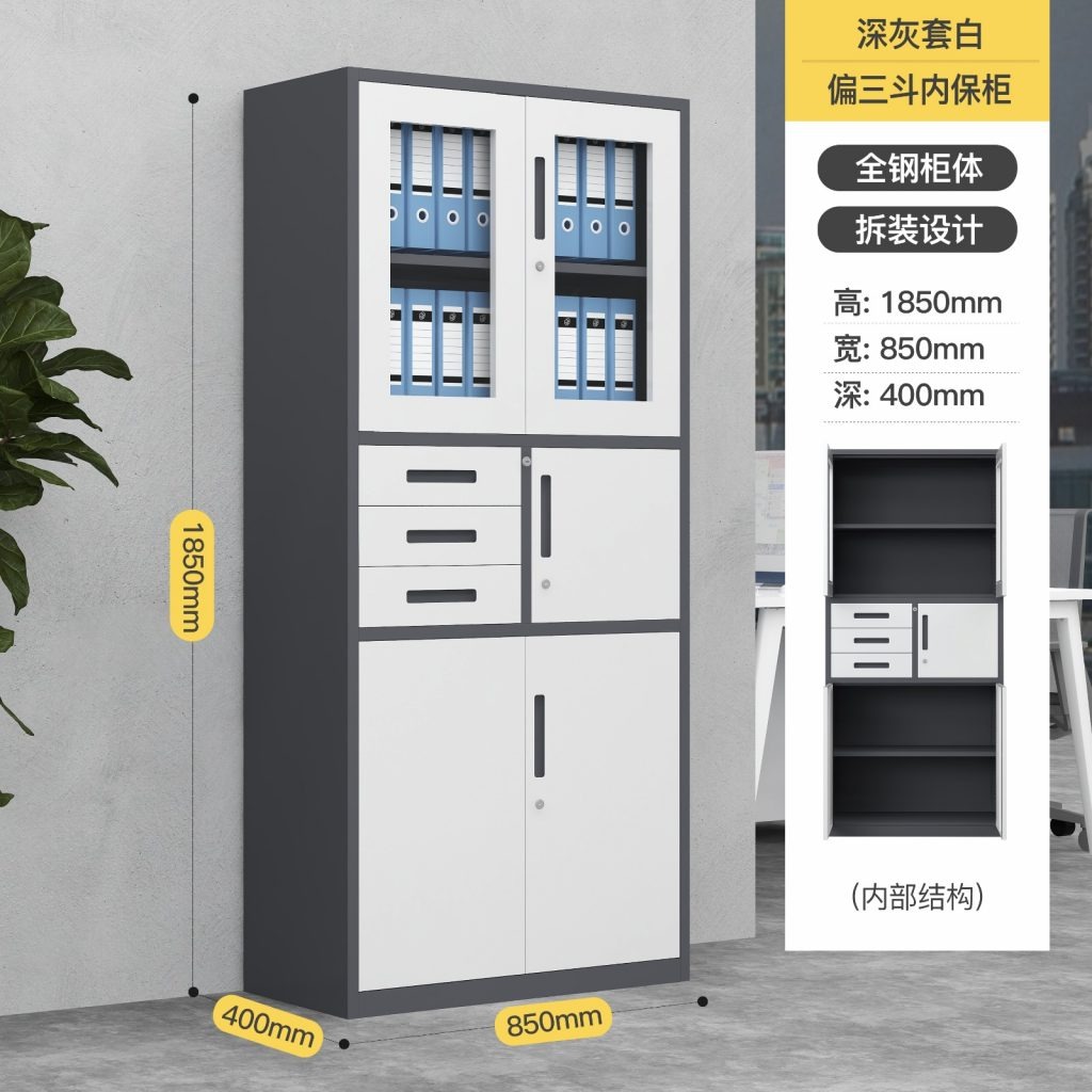 Steel file cabinet with an integrated digital safe, featuring a grey frame with white doors, dual upper glass-front doors revealing blue lever-arch binders, three middle utility drawers adjacent to a locking locker compartment, and a large double-door bottom cupboard.