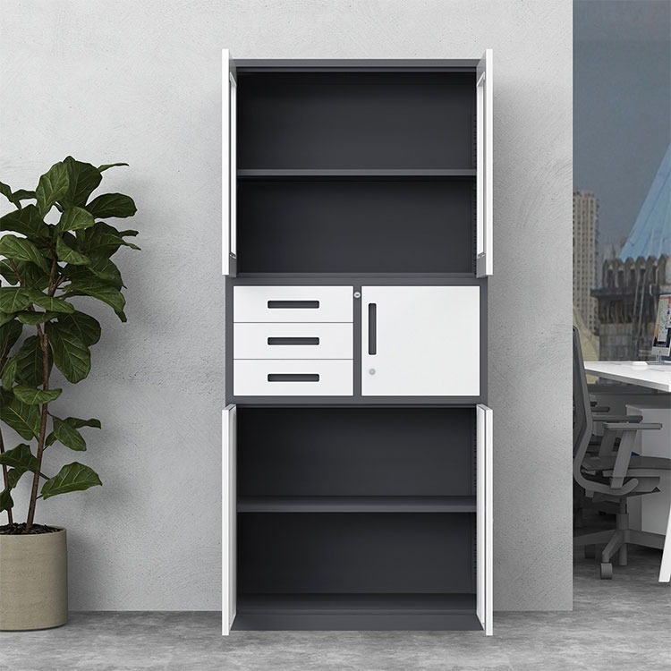 Steel file cabinet with an integrated digital safe, featuring a grey frame with white doors, dual upper glass-front doors revealing blue lever-arch binders, three middle utility drawers adjacent to a locking locker compartment, and a large double-door bottom cupboard.