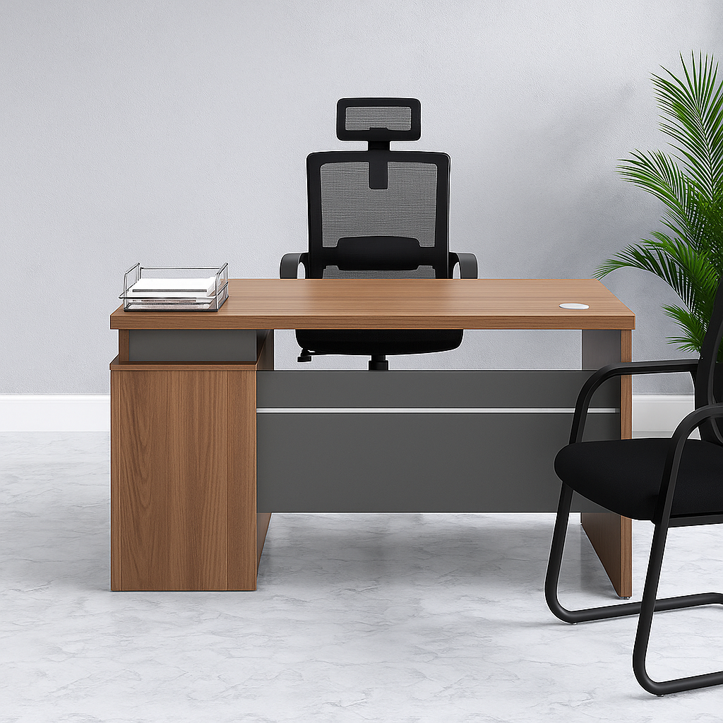 1.4m executive office table in a warm walnut wood finish, featuring a floating tabletop design supported by a dark grey sub-frame, a matching integrated left-side storage cabinet, and a metallic-trimmed grey modesty panel.