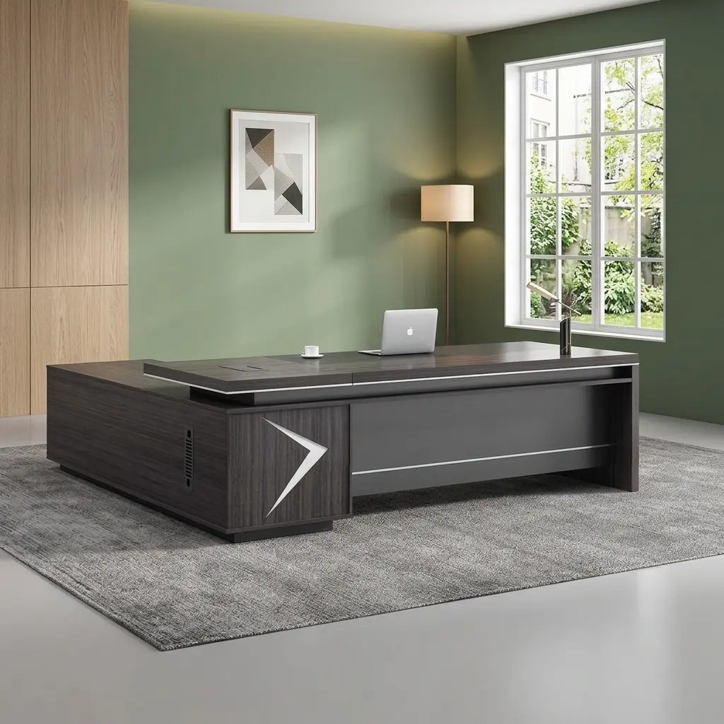 Modern 1.6m L-shaped executive desk in charcoal dark wood with integrated side return storage cabinet and grey modesty panel for home or corporate office.