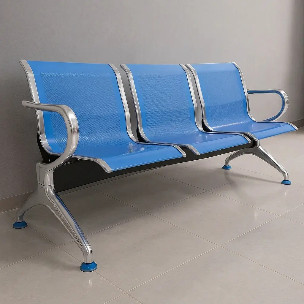 3-seater blue airport waiting bench with perforated metal seats, chrome frame, and curved armrests for public reception areas.