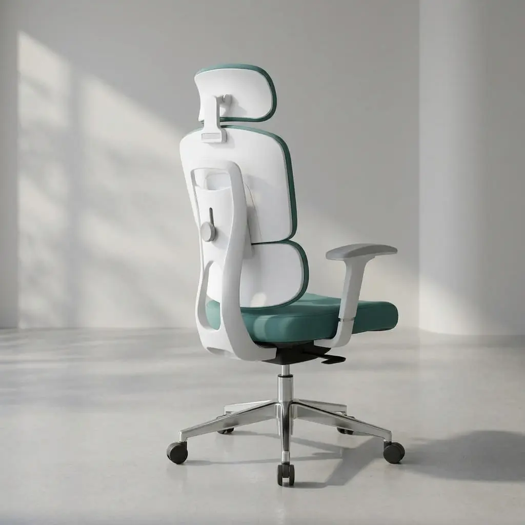 Ergonomic high-back orthopedic office chair in sage green leather featuring an adjustable headrest, integrated lumbar support, a white frame with matching white armrests, and a five-star chrome swivel base.
