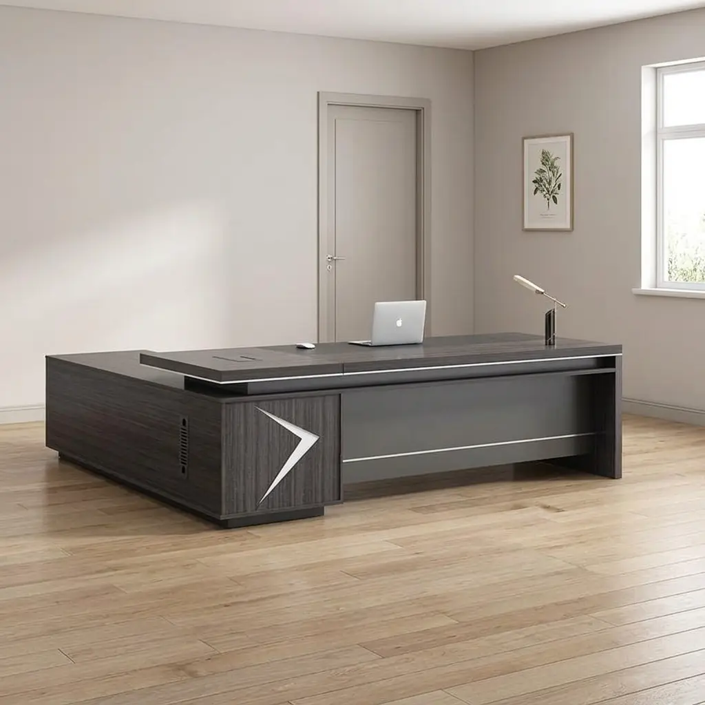 Modern 1.6m L-shaped executive desk in charcoal dark wood with integrated side return storage cabinet and grey modesty panel for home or corporate office.
