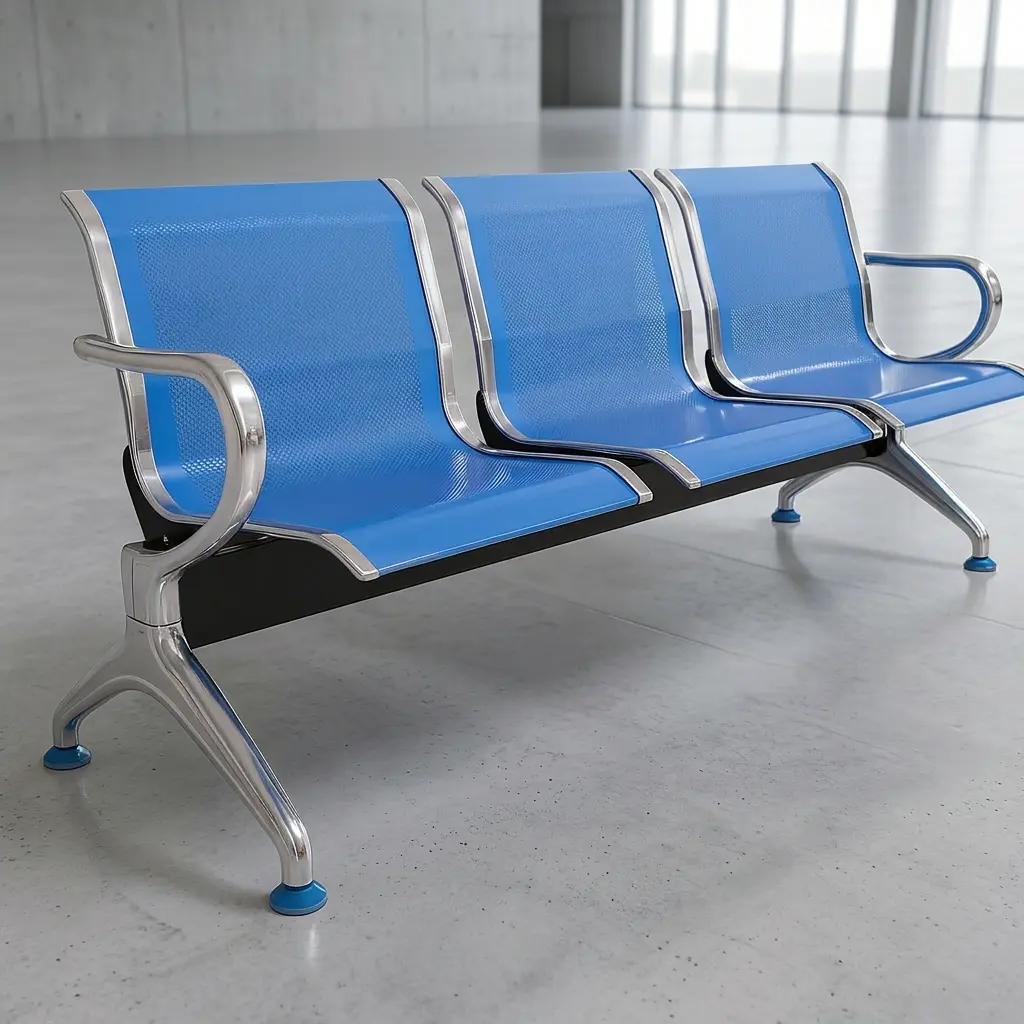 3-seater blue airport waiting bench with perforated metal seats, chrome frame, and curved armrests for public reception areas.