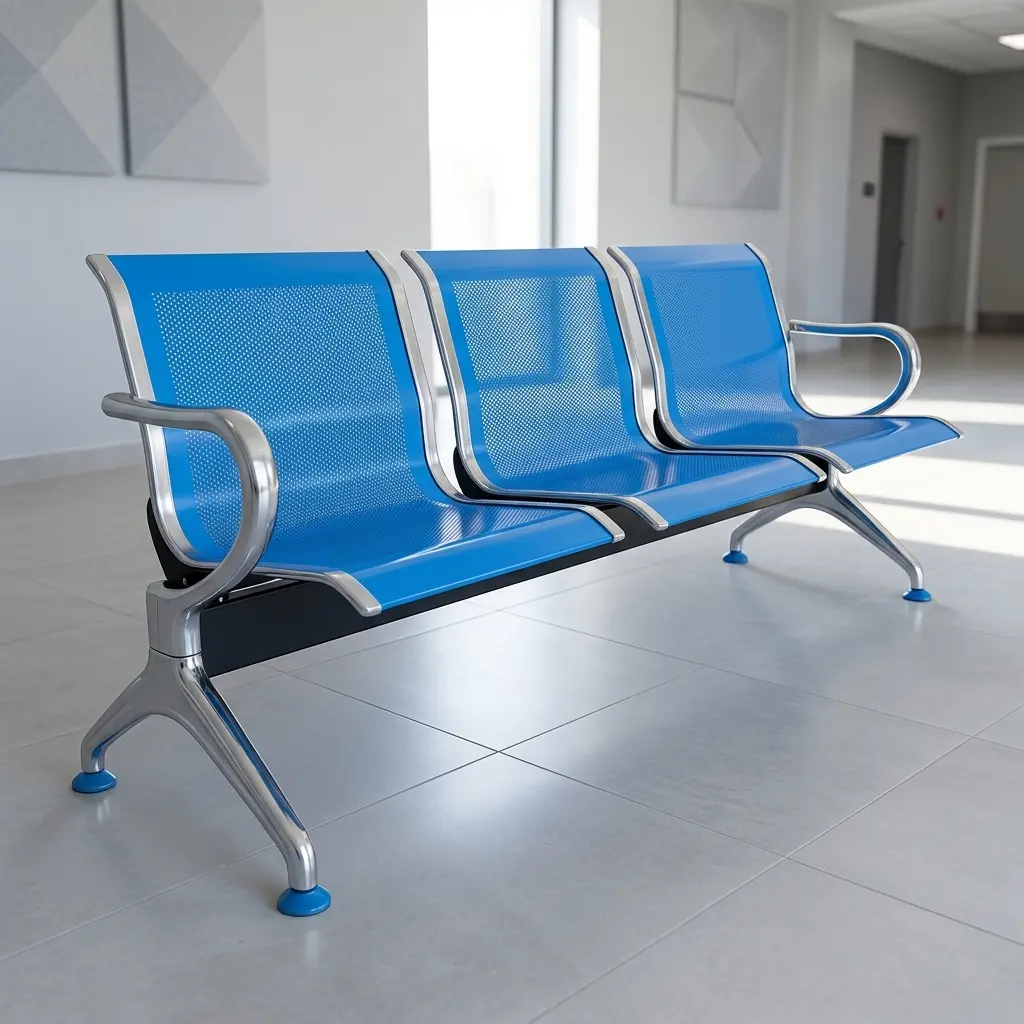 3-seater blue airport waiting bench with perforated metal seats, chrome frame, and curved armrests for public reception areas.