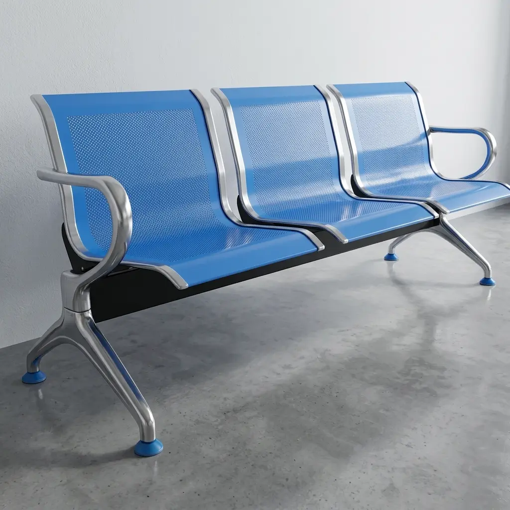 3-seater blue airport waiting bench with perforated metal seats, chrome frame, and curved armrests for public reception areas.