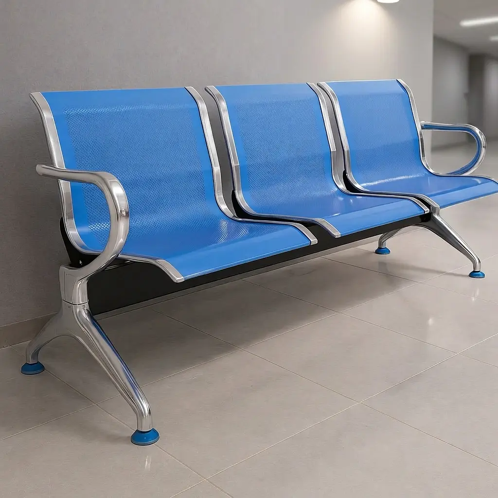 3-seater blue airport waiting bench with perforated metal seats, chrome frame, and curved armrests for public reception areas.