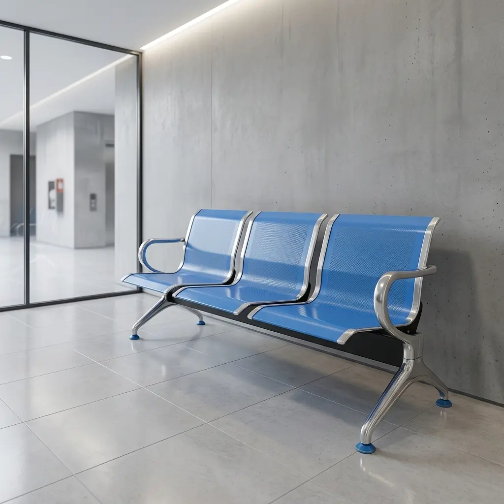 3-seater blue airport waiting bench with perforated metal seats, chrome frame, and curved armrests for public reception areas.