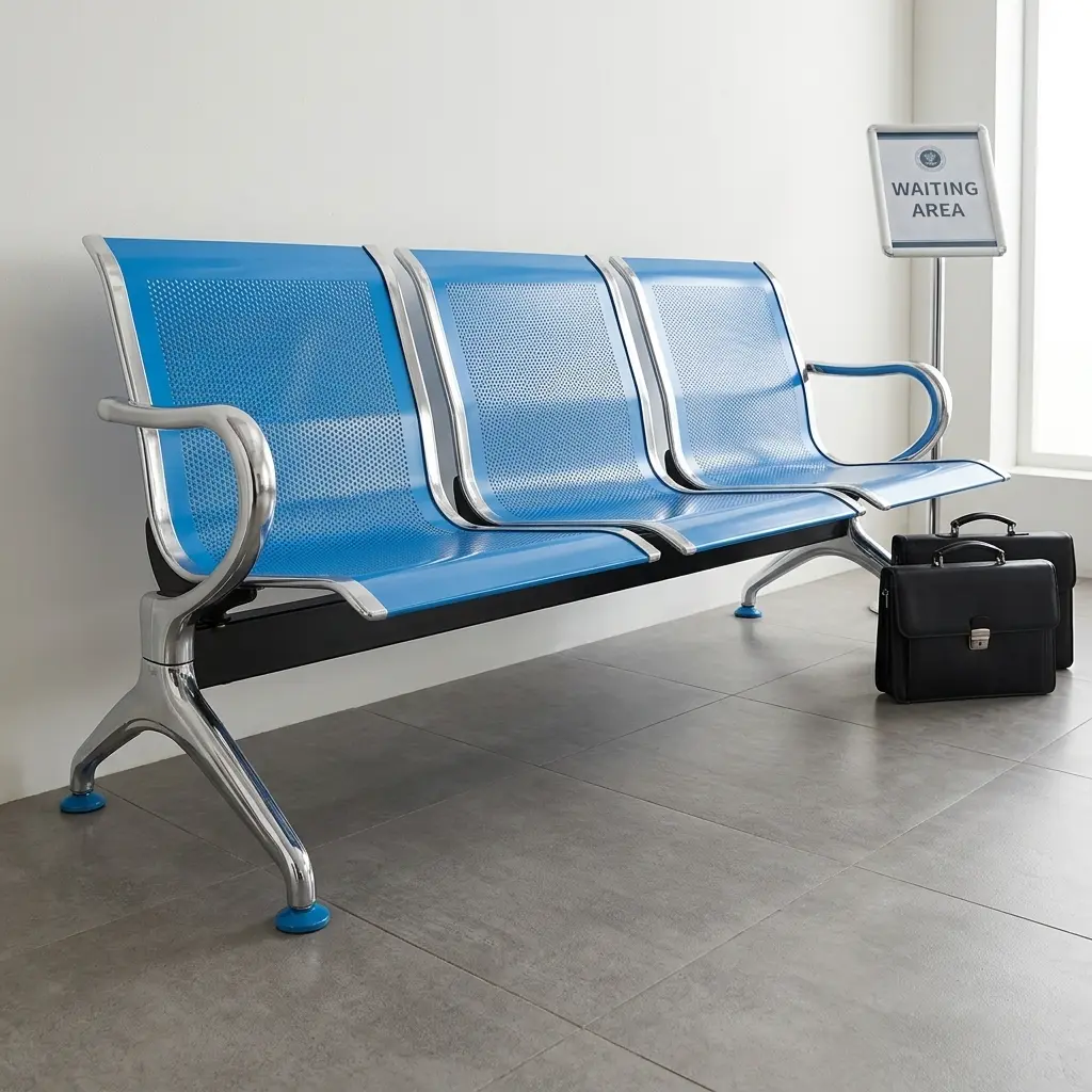 3-seater blue airport waiting bench with perforated metal seats, chrome frame, and curved armrests for public reception areas.