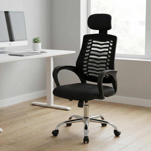 High-back ergonomic mesh office chair with adjustable headrest, chrome swivel base, and lumbar support.