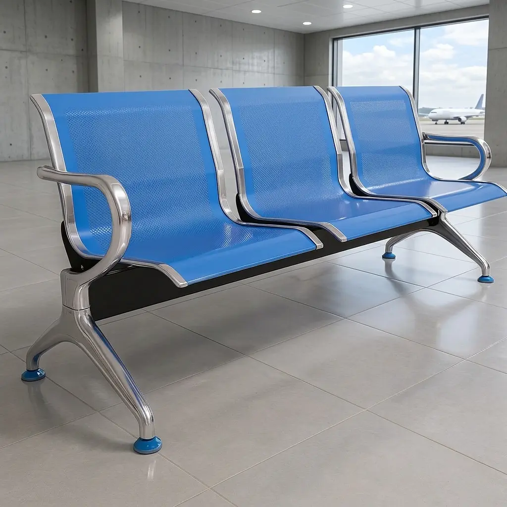 3-seater blue airport waiting bench with perforated metal seats, chrome frame, and curved armrests for public reception areas.