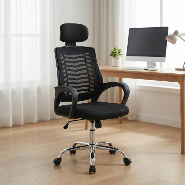 High-back ergonomic mesh office chair with adjustable headrest, chrome swivel base, and lumbar support.