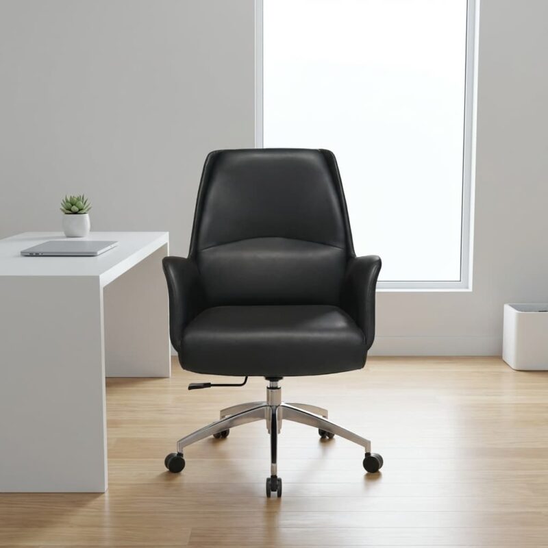 Premium black leather executive director office chair with a high backrest, integrated padded armrests, and an ergonomic cushioned seat on a polished chrome swivel base with wheels.