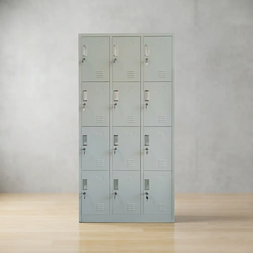 Gray 12-door steel locker office cabinet featuring individual key-lockable storage compartments, integrated ventilation louvers, and card index slots.